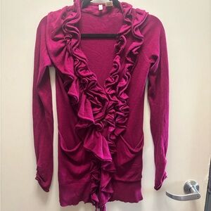 Moth Ruffled Open-Front Cardigan Sweater - Magenta